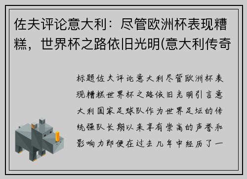 佐夫评论意大利：尽管欧洲杯表现糟糕，世界杯之路依旧光明(意大利传奇门将佐夫)