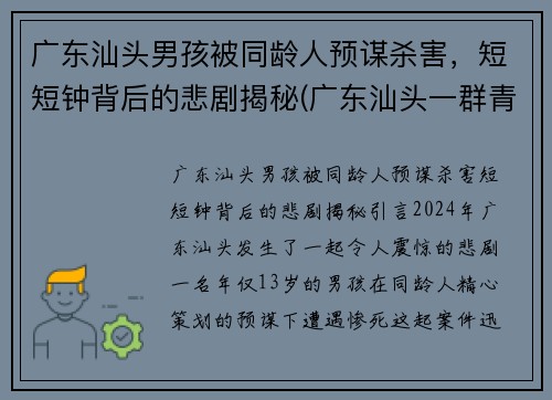 广东汕头男孩被同龄人预谋杀害，短短钟背后的悲剧揭秘(广东汕头一群青少年深夜持刀斗殴)