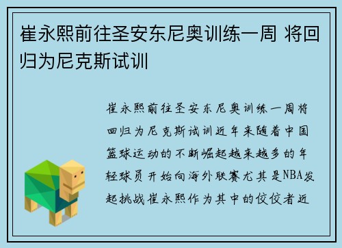 崔永熙前往圣安东尼奥训练一周 将回归为尼克斯试训