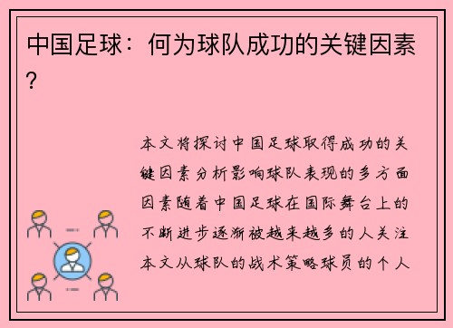 中国足球：何为球队成功的关键因素？