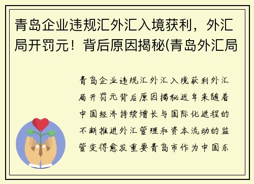 青岛企业违规汇外汇入境获利，外汇局开罚元！背后原因揭秘(青岛外汇局电话)