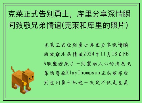 克莱正式告别勇士，库里分享深情瞬间致敬兄弟情谊(克莱和库里的照片)