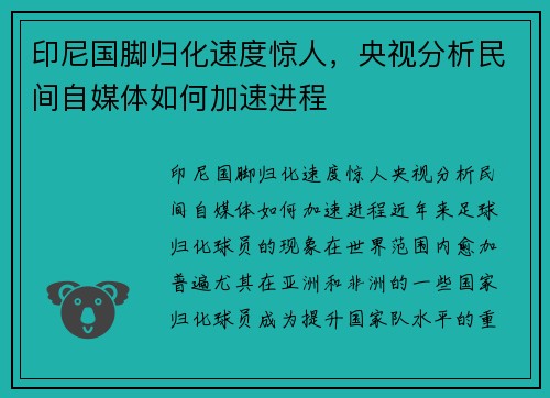 印尼国脚归化速度惊人，央视分析民间自媒体如何加速进程