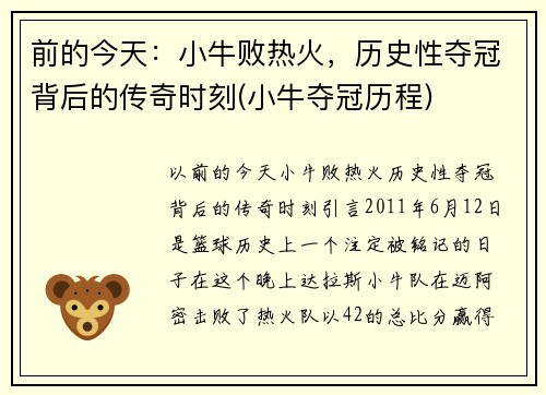 前的今天：小牛败热火，历史性夺冠背后的传奇时刻(小牛夺冠历程)