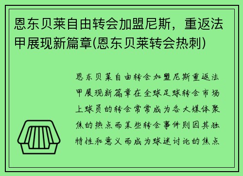 恩东贝莱自由转会加盟尼斯，重返法甲展现新篇章(恩东贝莱转会热刺)