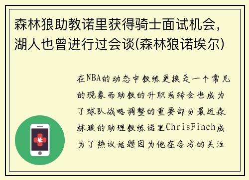 森林狼助教诺里获得骑士面试机会，湖人也曾进行过会谈(森林狼诺埃尔)